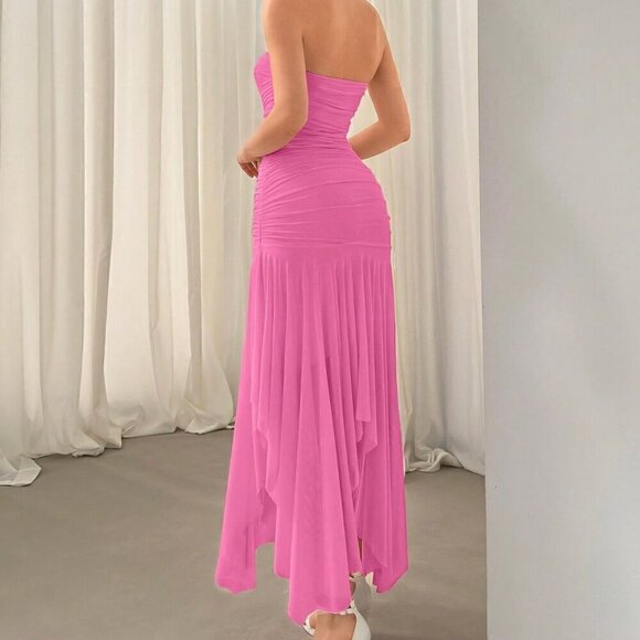 Hot Pink Elegant Women's Strapless Irregular Hem Dress With Ruffles - Picture 2 of 4
